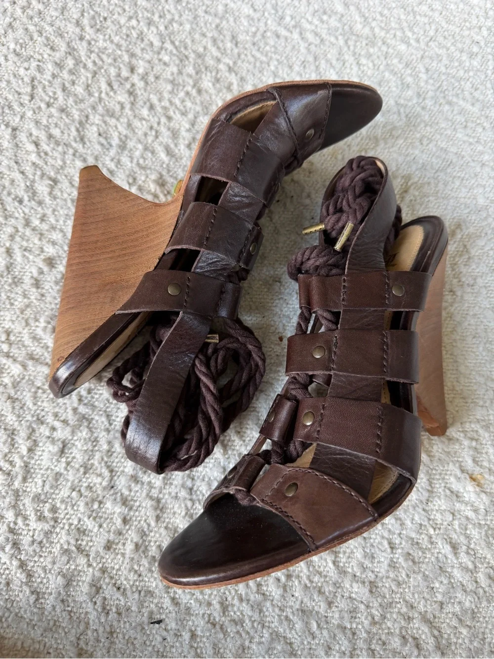 L.A.M.B. Dark Brown Leather Wedge Sandals with Wrap Tie